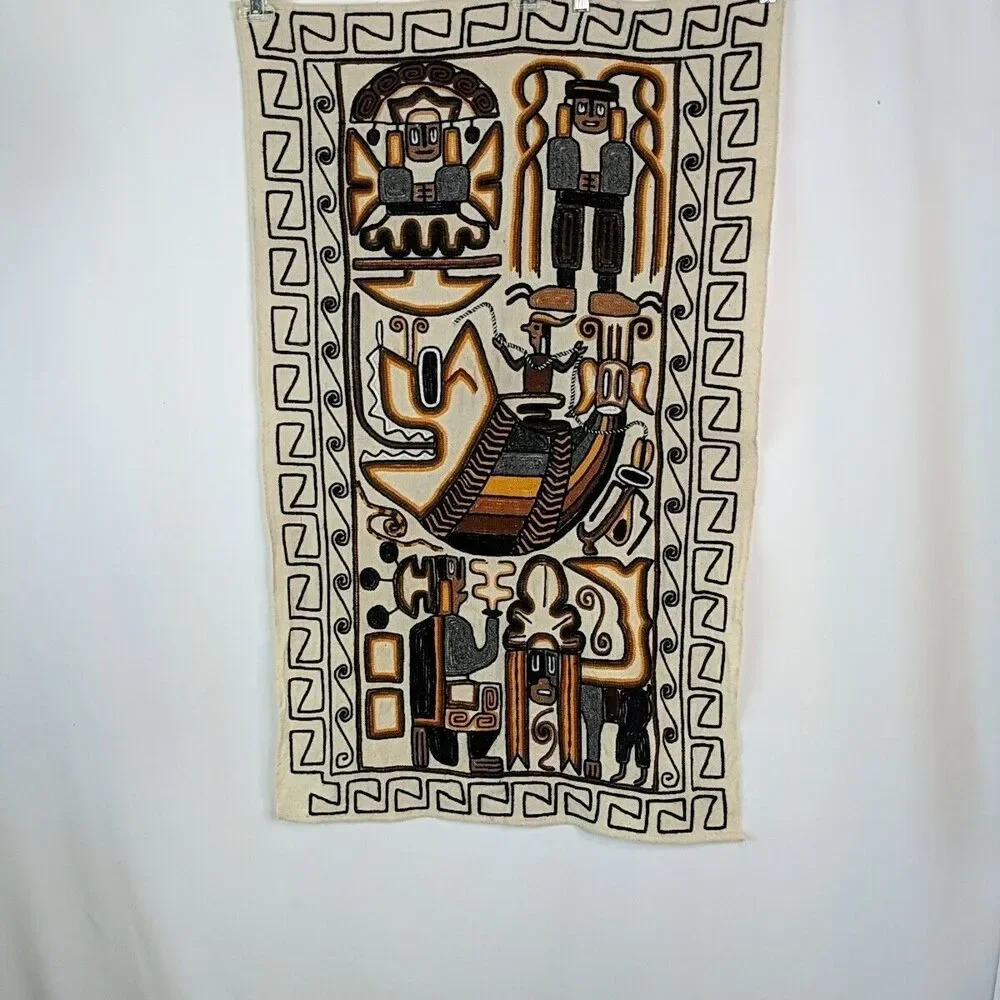 Vintage Embroidered Aztec Mayan Inca Wall Hanging Folk Art Hand Woven Tapestry